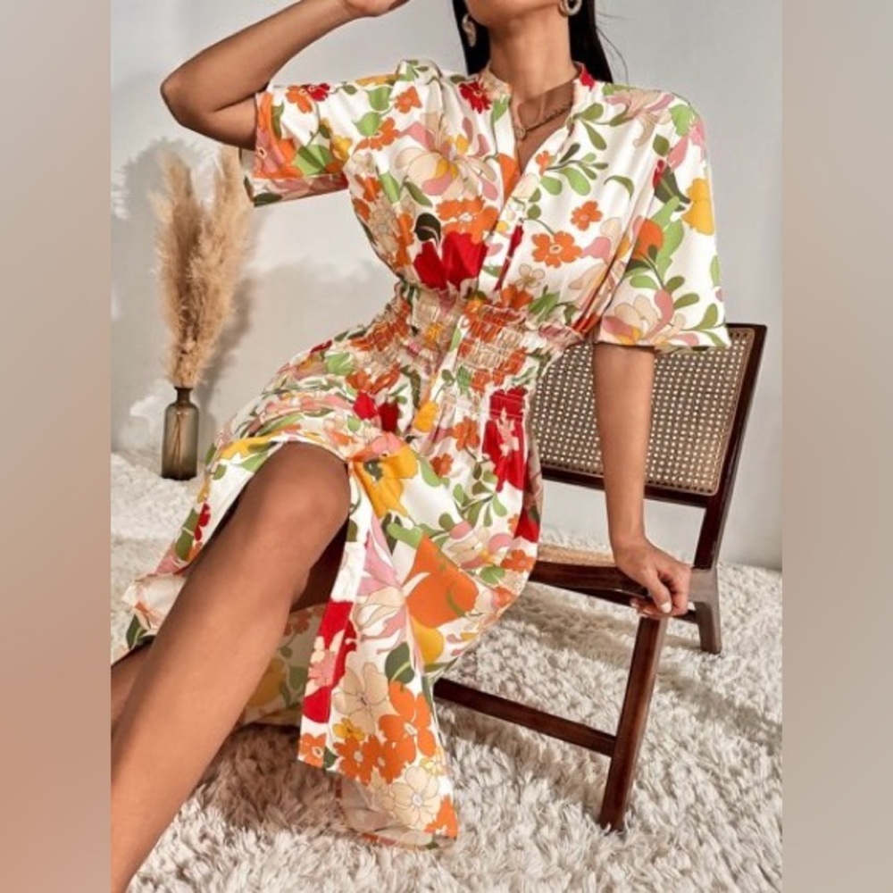 NWT Zara floral button up shirt dress with smocked waistline size L